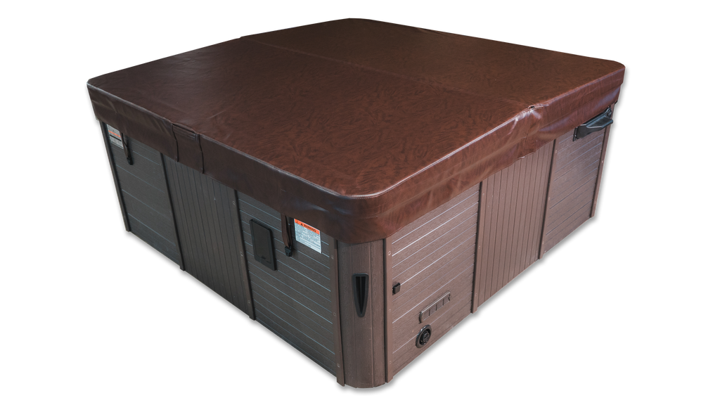 Hot tub with a brown chocolate vinyl spa cover