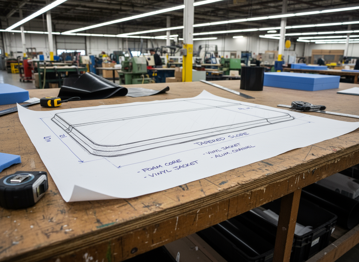Technical drawing on a table in a warehouse setting